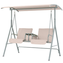2-Seater Outdoor Porch Swing with Canopy and Table, Patio Swing Chair for Garden, Poolside, Backyard, Beige
