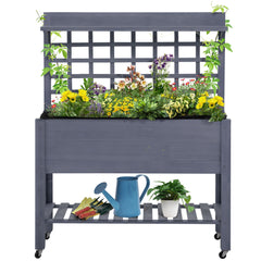 41" Raised Garden Bed Mobile Elevated Wooden Planter Box Stand with Wheels, Trellis and Storage Shelf, Gray