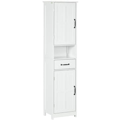 Modern Bathroom Cabinet, Narrow Storage Cabinet with Open Shelf, Drawer, Recessed Doors and Adjustable Shelves, White