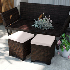 2 Piece Wicker Outdoor Ottomans with Cushions, Rattan Ottoman Footrest and Side Table for Patio, Yard, Poolside, Cream