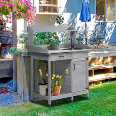 Potting Bench Table with Sink, Outdoor Work Bench Table with Storage Cabinet, Hooks, Removable Sink, Faucet and Drawer for Greenhouse, Garden, Patio, Gray