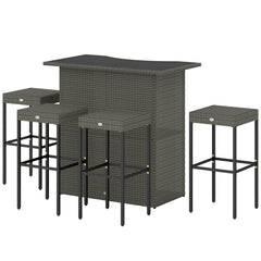 5 Piece Rattan Wicker Bar Set, High Top Outdoor Table and Chairs, Bar Height Patio Set, 2 Shelves & 4 Bar Stools, Gray
