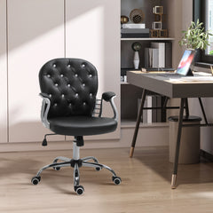 PU Leather Home Office Chair, Button Tufted Desk Chair with Padded Armrests, Adjustable Height and Swivel Wheels, Black