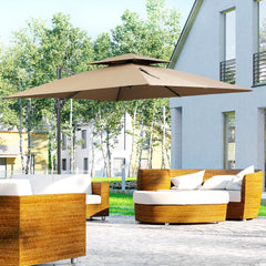 10ft Offset Patio Umbrella with Base, Double Top Hanging Aluminum Cantilever Umbrella with 360-degree Rotation, Easy Tilt, 8 Ribs, Crank, Cross Base, Cover, Strap, Coffee