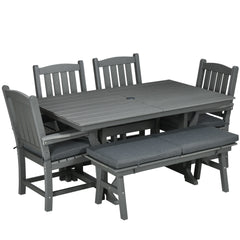 6 Pieces Patio Dining Set, 6 Seater Outdoor Table and Chairs, Conversation Furniture, Armrests, Loveseat Bench, Dinner Table with Umbrella Hole, Cushions, Dark Gray