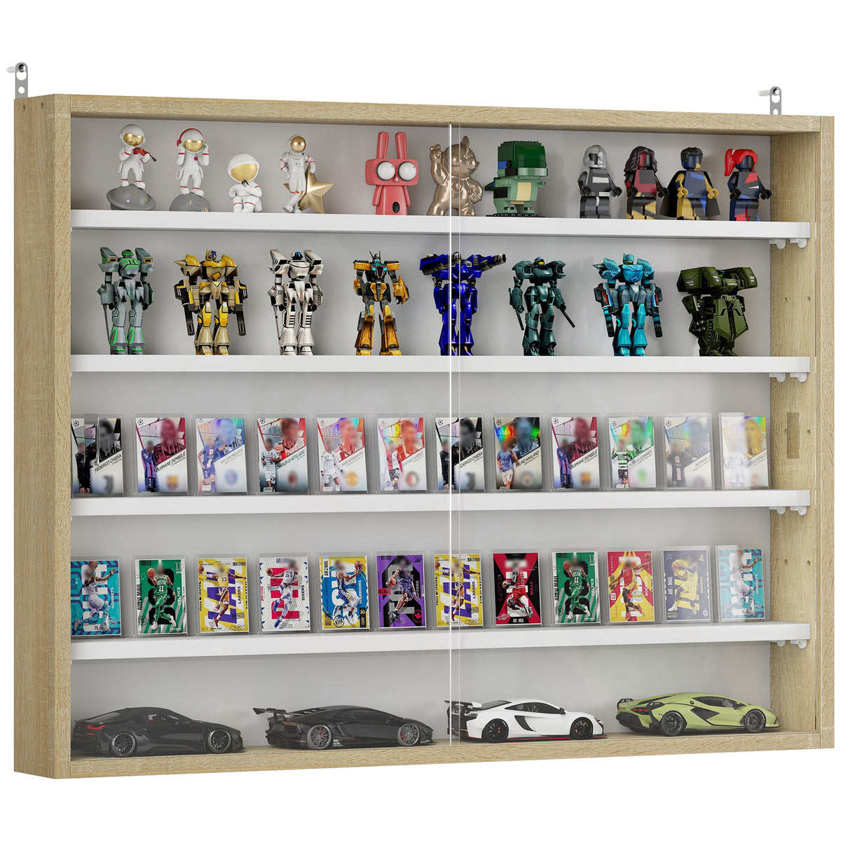 5-Tier Display Cabinet, Wall-Mounted Display Case with 2 Glass Doors and Adjustable Shelves, Oak and White