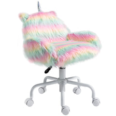 Fluffy Unicorn Office Chair with Mid-Back and Armrest Support, 5 Star Swivel Wheel White Base, Rainbow