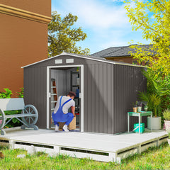 9' x 6' Outdoor Storage Shed, Garden Tool Metal Shed with Foundation Kit, Double Lockable Door, Air Vents and Sloping Roof, for Backyard, Patio, Lawn, Gray