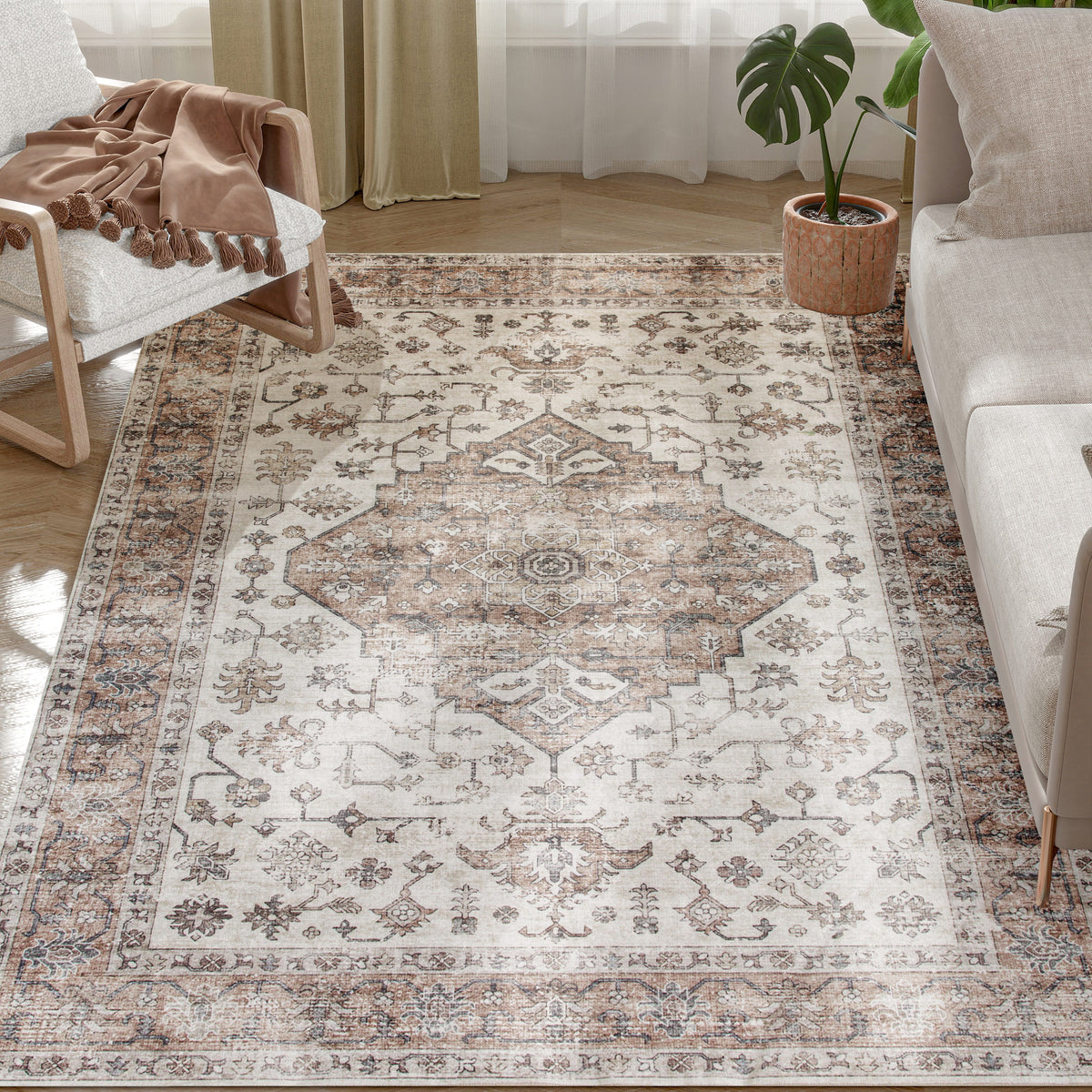 4x6 Area Rug, Vintage Machine Washable Rug, Non-Slip Floor Carpet for Living Room, Bedroom, Dining Room, Tan