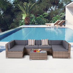 7-Piece Outdoor Wicker Patio Sofa Set, Modern Rattan Conversation Furniture Set with Cushions, and Tea Table, Gray