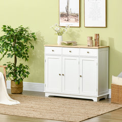 Kitchen Storage Cabinet, Sideboard Floor Cupboard with Solid Wood Top, Adjustable Shelf, and 2 Drawers, White