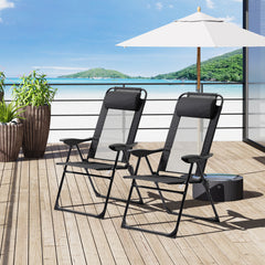 Folding Patio Dining Chairs Set of 2, Outdoor Deck Chair with Adjustable Sling Back, Camping Chair with Removable Headrest for Garden, Backyard, Lawn, Black