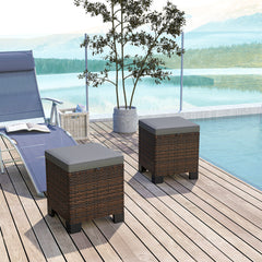 2 Piece Wicker Outdoor Ottomans with Cushions, Rattan Ottoman Footrest and Side Table for Patio, Yard, Poolside, Gray