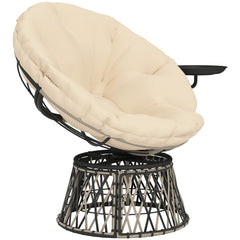 360° Swivel Outdoor Papasan Chair, 39" Overstuffed Circle Chair with Side Tray, Thick Cushion for Indoor Patio, Beige