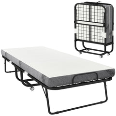 Folding Bed with Mattress for Adults, Long Twin Size, Portable Foldable Bed with 4" Foam Mattress & Space-Saving Steel Frame, 79" x 35", Fold Up, Roll Away & Hideaway, White
