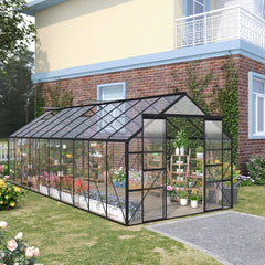 20' x 8' Aluminum Greenhouse Polycarbonate Walk-in Garden Greenhouse Kit with Adjustable Roof Vent, Rain Gutter and Sliding Door for Winter, Clear