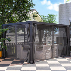 10' x 13' Outdoor Retractable Pergola w/ Sun Shade Louvered Top, Pergola w/ Canopy, Curtains, Netting, Dark Gray