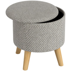 Round Ottoman Stool with Storage, Linen Upholstered Foot Stool with Padded Seat, Hidden Space and Wood Legs, Light Gray