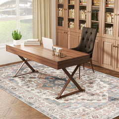 8x10 Area Rug, Vintage Machine Washable Rug, Non-Slip Carpet for Living Room, Bedroom, Dining Room, Brown & Light Blue