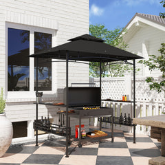 8' x 5' BBQ Grill Gazebo, 2-Tier Outdoor BBQ Gazebo with 2 Side Shelves, Storage Baskets, Ceiling Hook, Dark Gray