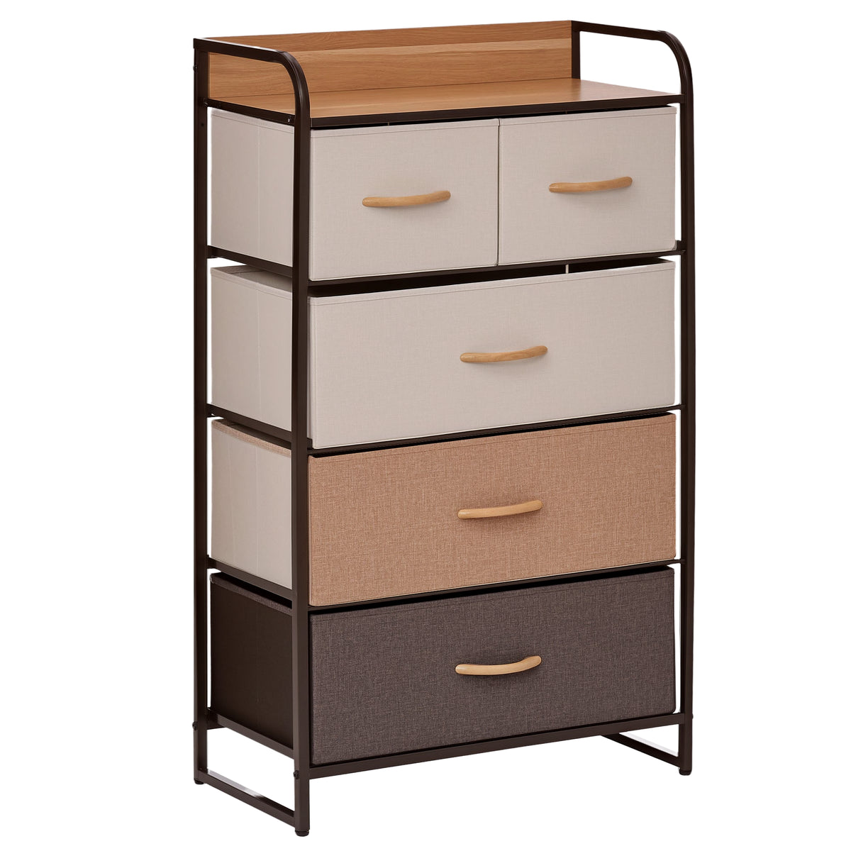 5-Drawer Fabric Dresser Tower, 4-Tier Storage Organizer with Steel Frame for Hallway, Bedroom, and Closet, Maple Wood