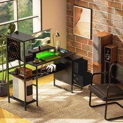 56" Computer Desk with Storage, Computer Table with Power Outlets and LED Lights, Black