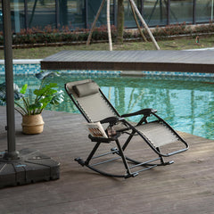 Outdoor Rocking Chairs, Foldable Reclining Zero Gravity Lounge Rocker with Pillow, Cup & Phone Holder, Combo Design with Folding Legs, Gray