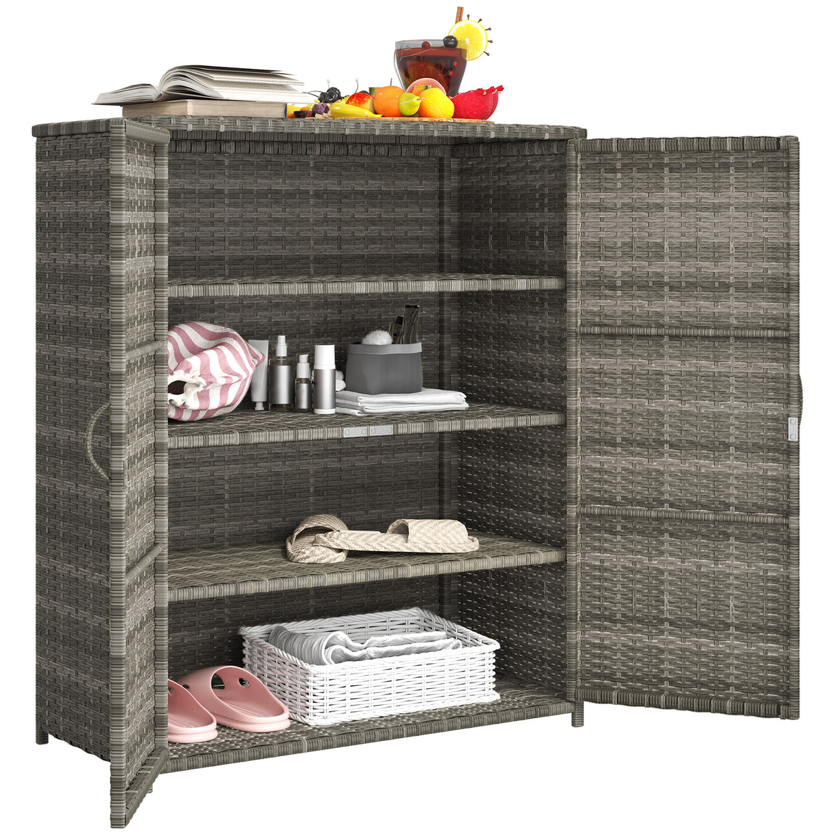 Rattan Wicker Outdoor Storage Cabinet with 4 Shelves and 2 Doors for Garden Pool Towel Storage, Mixed Gray