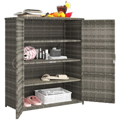 Rattan Wicker Outdoor Storage Cabinet with 4 Shelves and 2 Doors for Garden Pool Towel Storage, Mixed Gray