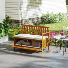 Outdoor Bench with Storage Compartment, Acacia Wood Patio Bench with Cushion, 2 Seater Garden Bench, Teak