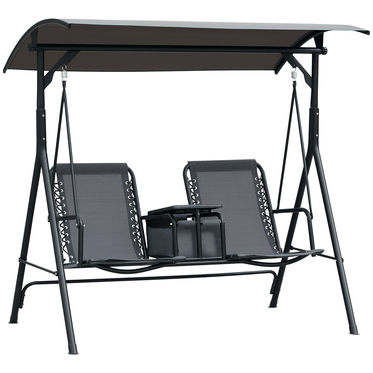 2 Person Porch Swing with Canopy, Storage Table, Cup Holder, Gray