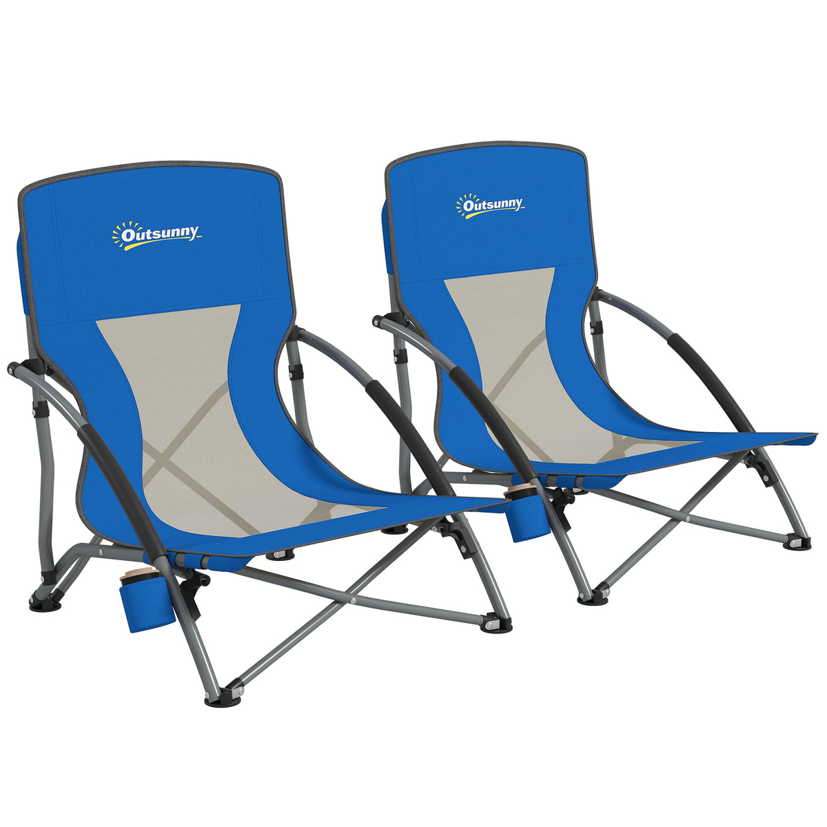 Set of 2 Folding Beach Chairs with Mesh Back, Carry Bag and Cup Holder for Outdoor Camping Lawn Sports Picnic Dark Blue