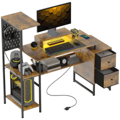 56" Computer Desk with Storage, Computer Table with Power Outlets and LED Lights, Rustic Brown