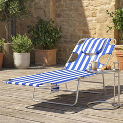 Tanning Chair with Face Hole, 5-Level Adjustable Outdoor Chaise Lounge Chair with Pillow for Beach, Pool, Blue Stripes