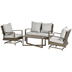 4 Piece Wicker Patio Furniture Set with 2 Rocking Chairs, Loveseat Sofa, Outdoor PE Rattan Conversation Set with Cushions, Aluminum Table for Porch, Poolside, Light Gray