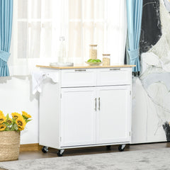 41" Modern Rolling Kitchen Island on Wheels, Utility Cart Storage Trolley with Rubberwood Top & Drawers, White