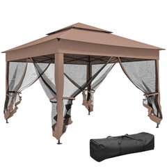 Outdoor Patio Pop Up Canopy Gazebo Shelter with Zipper Netting, Carry Bag, 11' x 11', Brown
