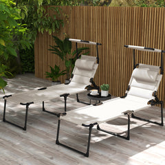 2 Pcs Outdoor Lounge Chair, 4 Position Adjustable Backrest, Folding, Cushioned w/ Sun Shade Roof & Pillow, Cream White