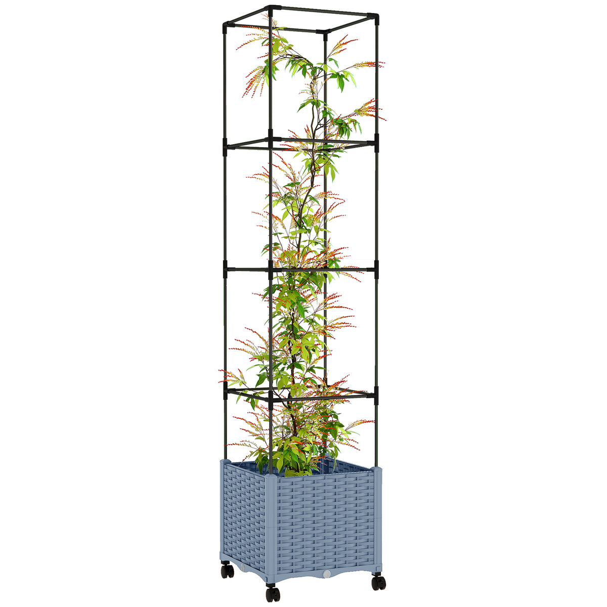 Raised Garden Bed with Trellis, Tomato Cage with Lockable Wheels, Self Watering Planter Box with Drainage Holes, Gray