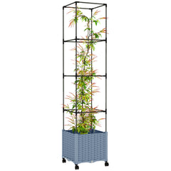 Raised Garden Bed with Trellis, Tomato Cage with Lockable Wheels, Self Watering Planter Box with Drainage Holes, Gray