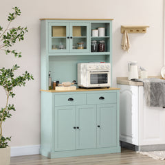 Kitchen Pantry Storage Cabinet with Microwave Stand, 71" Modern Kitchen Hutch with Open Countertop, Glass Doors, Storage Drawers and Adjustable Shelves for Dining Room, Coffee Bar, Light Green