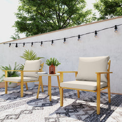 3 Piece Outdoor Bistro Set, Wood Effect Metal Patio Set with Wide and Deep Chairs, Round Table, Cushions, Cream White