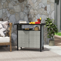 Outdoor Pool Towel Storage Cabinet Organizer, Outdoor Bar Table with Shelf and Cabinet, Pool Towel Holder Pool Valet with Weather-Resistant PE Rattan and Steel Frame, Gray