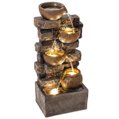 28" Outdoor Fountain with 5-Tier Rustic Jugs, Cascading Waterfall with LED Lights, Adjustable Flow, Rustic Brown