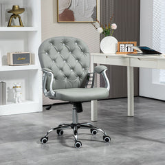 Button Tufted Desk Chair, Home Office Chair with Padded Armrests, Adjustable Height and Swivel Wheels, Gray