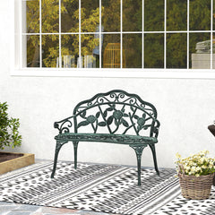 Outdoor Bench, Cast Aluminum Outdoor Furniture, Metal Bench with Floral Rose Accent & Antique Finish, Green