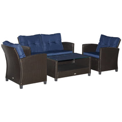 4 Pieces Patio Furniture Sets with Cushions, PE Rattan Wicker Conversation Chairs with Two-Tier Coffee Table for Backyard Porch Garden Poolside and Deck, Blue