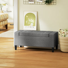36" Ottoman with Storage, Storage Ottoman Bench with Lift Top and Rubberwood Legs, Linen Upholstered Entryway Bench with Seating for Living Room, Bedroom, Holds up to 330 lb, Gray