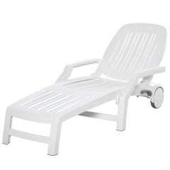 Outdoor Chaise Lounge Chair on Wheels with Storage Box, Waterproof Lounger with Quick Assembly, Folding Design, 5 Level Adjustable Backrest for Pool, Beach, Patio, Garden, White