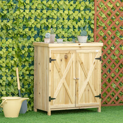 Garden Storage Cabinet, Outdoor Tool Shed with Galvanized Top and Two Shelves for Yard Tools or Pool Accessories, Natural